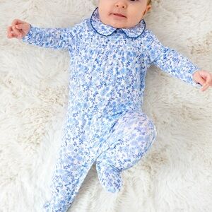 NWT Blue Calico Floral Smocked Peter Pan Footie